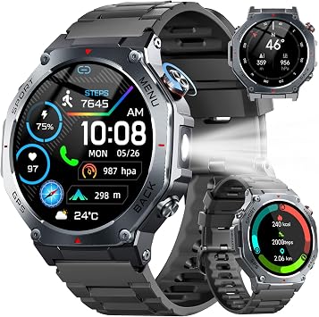 Smartwatch Uomo GPS, 1.43″ AMOLED Militari Orologio Smartwatch con Chiamate Bluetooth, 5 ATM Smart Watch con Sonno/Cardiofrequenzimetro/Torcia/Bussola, 160+ Sportive Fitness Tracker per Android iOS