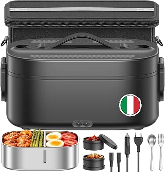Scaldavivande Elettrico Portatile, 80W Porta Pranzo Termico, Nero | 3 In 1 Lunch Box Riscaldabile in Acciaio Inox con Borsa Termica, 12V/24V/220V per Auto Camion e Ufficio, 1.5L