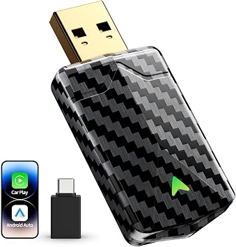 Mini CarPlay Wireless e Android Auto per Navigazione GPS Auto | Design in Fibra di Carbonio, USB-A/C Dorato, Connessione Rapida e Stabile, Compatibile con Apple iOS 10+ e Android 11+