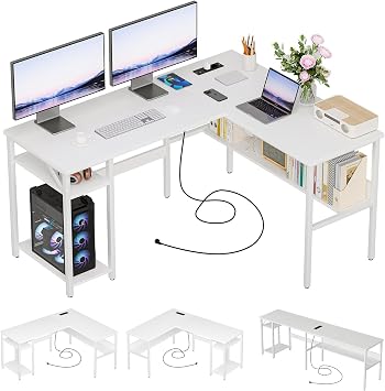 Homieasy Scrivania a L 128cm con Prese AC USB e Type-C,Bianco | Scrivania Angolare Reversibile, Supporto CPU, Tavolo Gaming Salvaspazio, Legno e Metallo, Per Piccoli Spazi Casa
