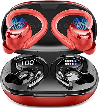Hupoaf Cuffie Bluetooth 5.4 Sport, Auricolari con Ganci, 4 ENC Mic, Rosso | 28 Modalità EQ, 50 Ore Display LED, Driver 14,2 mm, Cancellazione Rumore, IP7 Impermeabili Cuffiette Running per iOS/Android